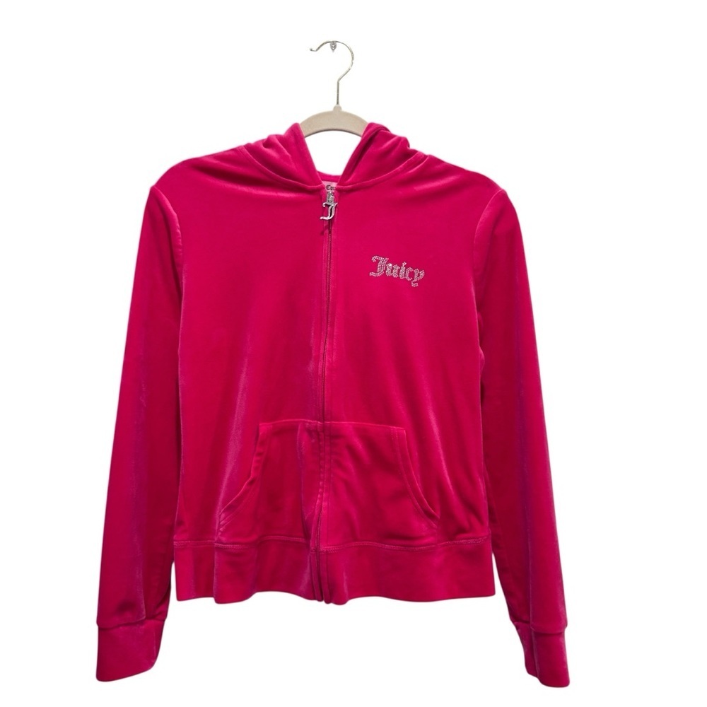 Y2K Juicy Couture Velour Cropped Full Zip Hoodie Jacket Preppy Bling Hot Pink S